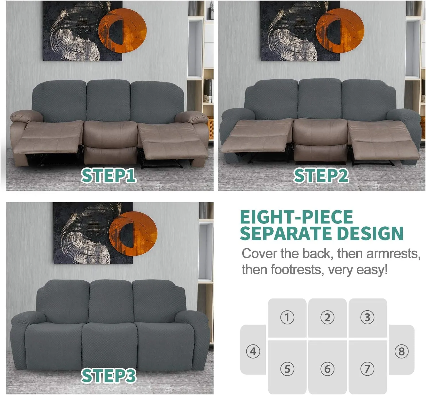 YEMYHOM 8 Pieces Stretch Recliner Sofa Cover Latest Jacquard Reclining Couch Cover with Side Pocket Anti-Slip Fitted 3 Cushion Furniture Slipcovers with Elastic Bottom (Sofa Recliner, Dark Gray)