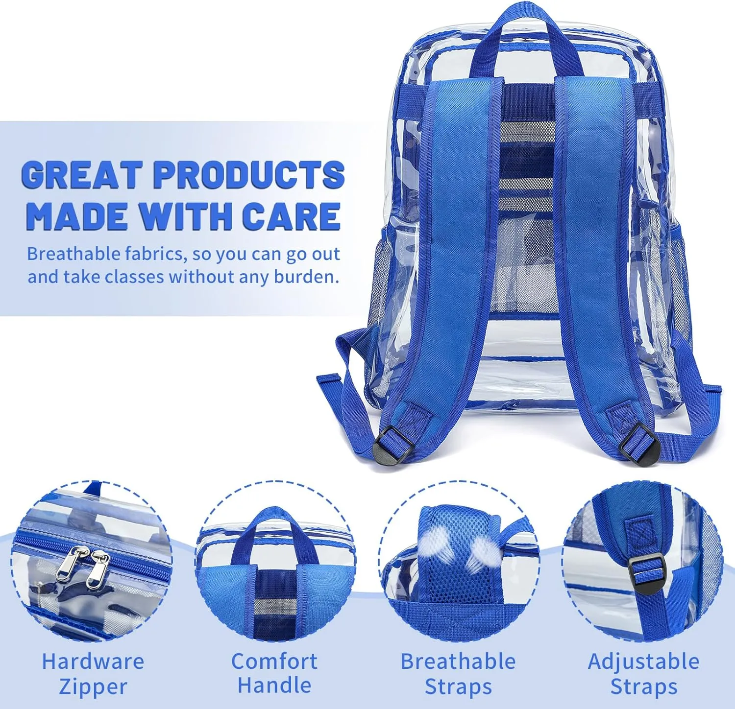 YGR Clear Backpack Heavy Duty PVC Transparent Backpack See Through Large Capacity Multiple Pockets Bookbag for Concert Work Security Travel Festival Blue