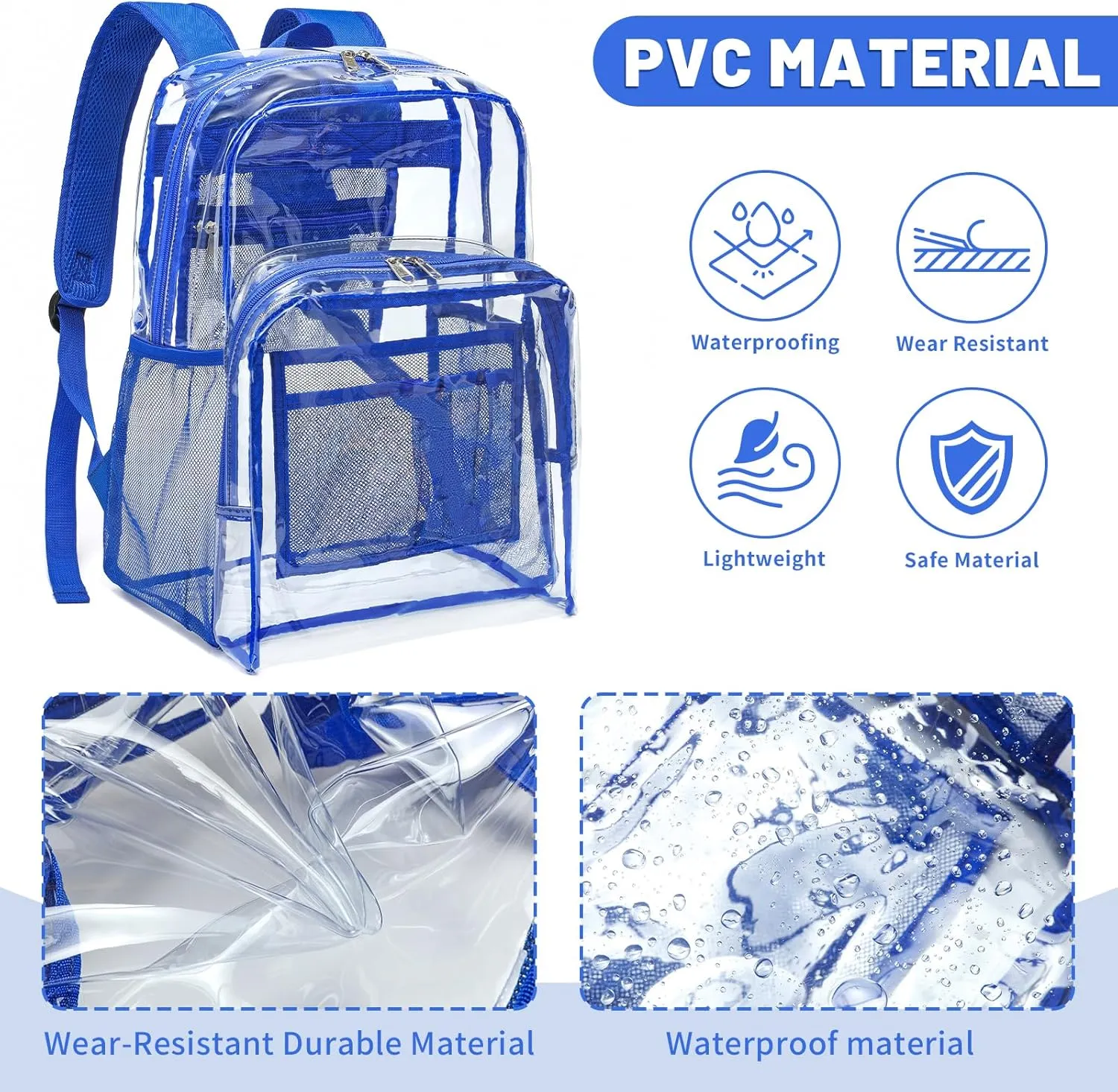 YGR Clear Backpack Heavy Duty PVC Transparent Backpack See Through Large Capacity Multiple Pockets Bookbag for Concert Work Security Travel Festival Blue
