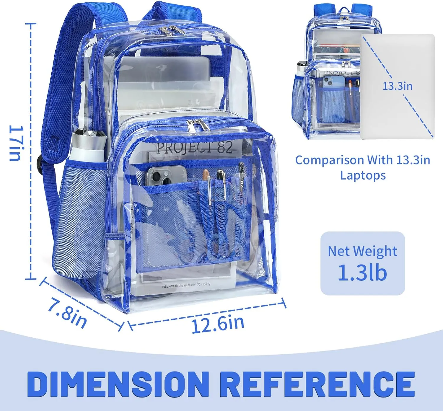 YGR Clear Backpack Heavy Duty PVC Transparent Backpack See Through Large Capacity Multiple Pockets Bookbag for Concert Work Security Travel Festival Blue