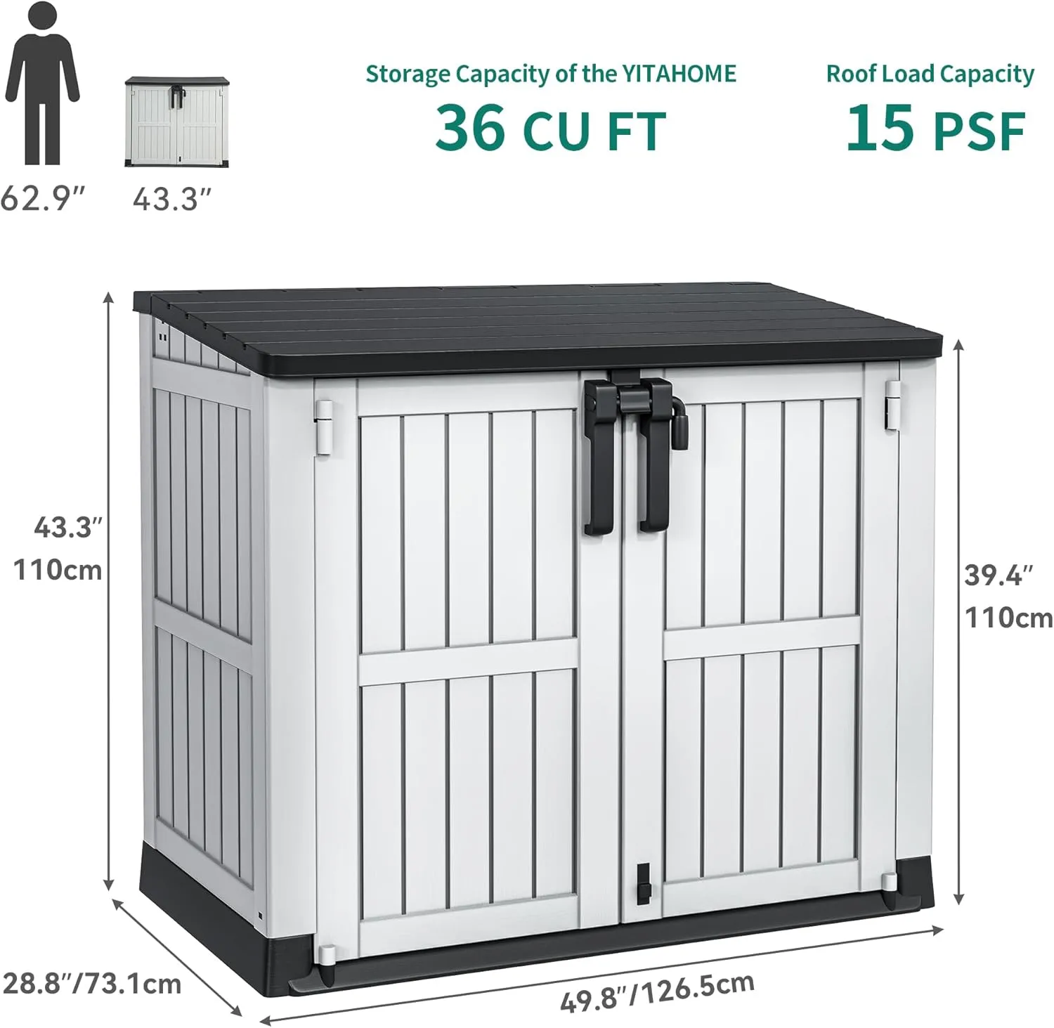 YITAHOME 36 cu ft Resin Outdoor Storage Shed, Weather-Resistant Horizontal Tool Shed, Waterproof Outdoor Storage with Lockable Doors & Air Vent for Trash Cans, Garden Tools (Light Gray)