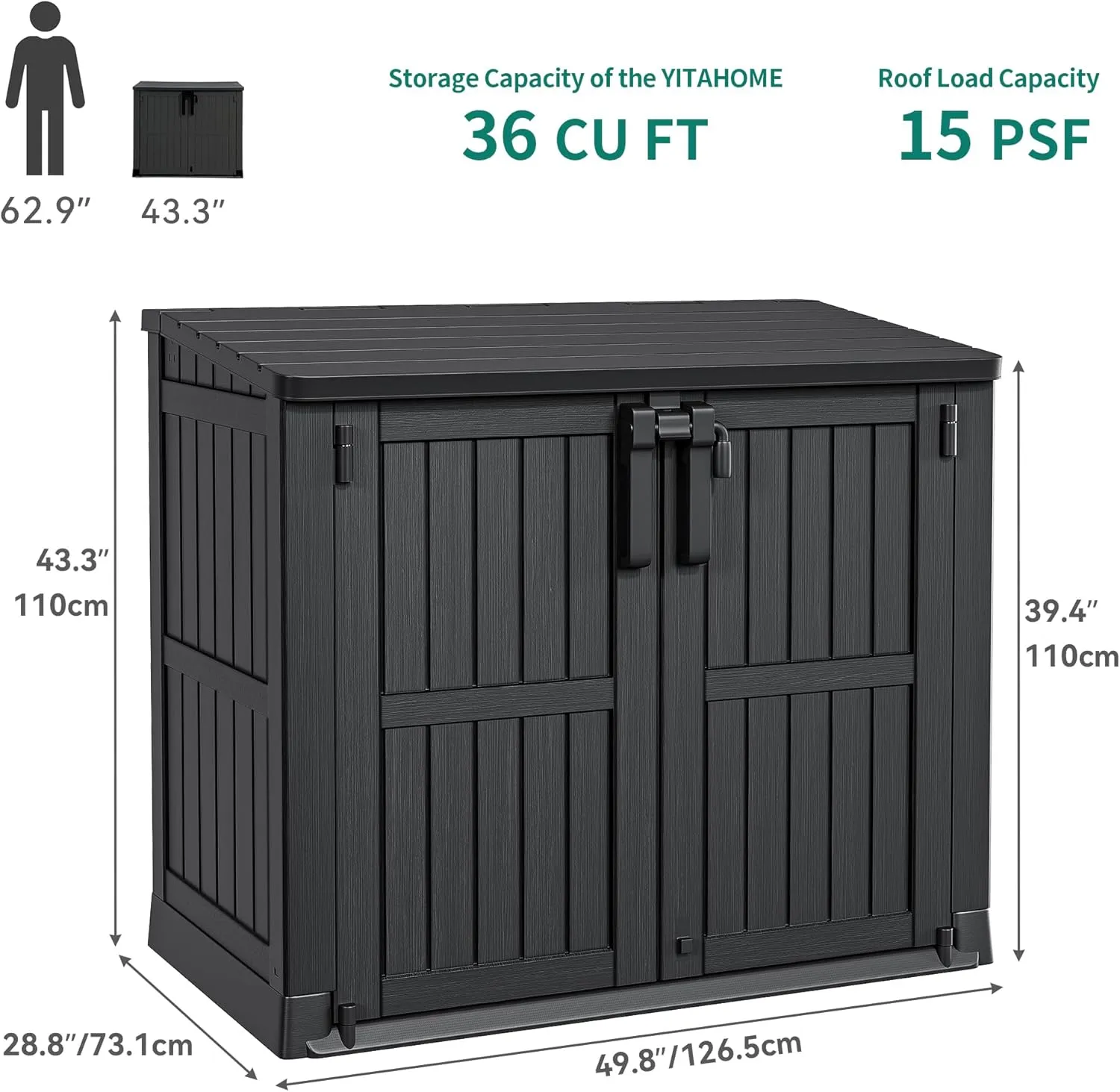 YITAHOME Light Gray Resin Tool Shed, 36 Cu Ft Waterproof Outdoor Horizontal Storage, Weather-Resistant Utility Shed with Air Vent for Trash and Lockable Doors, Garden Tools