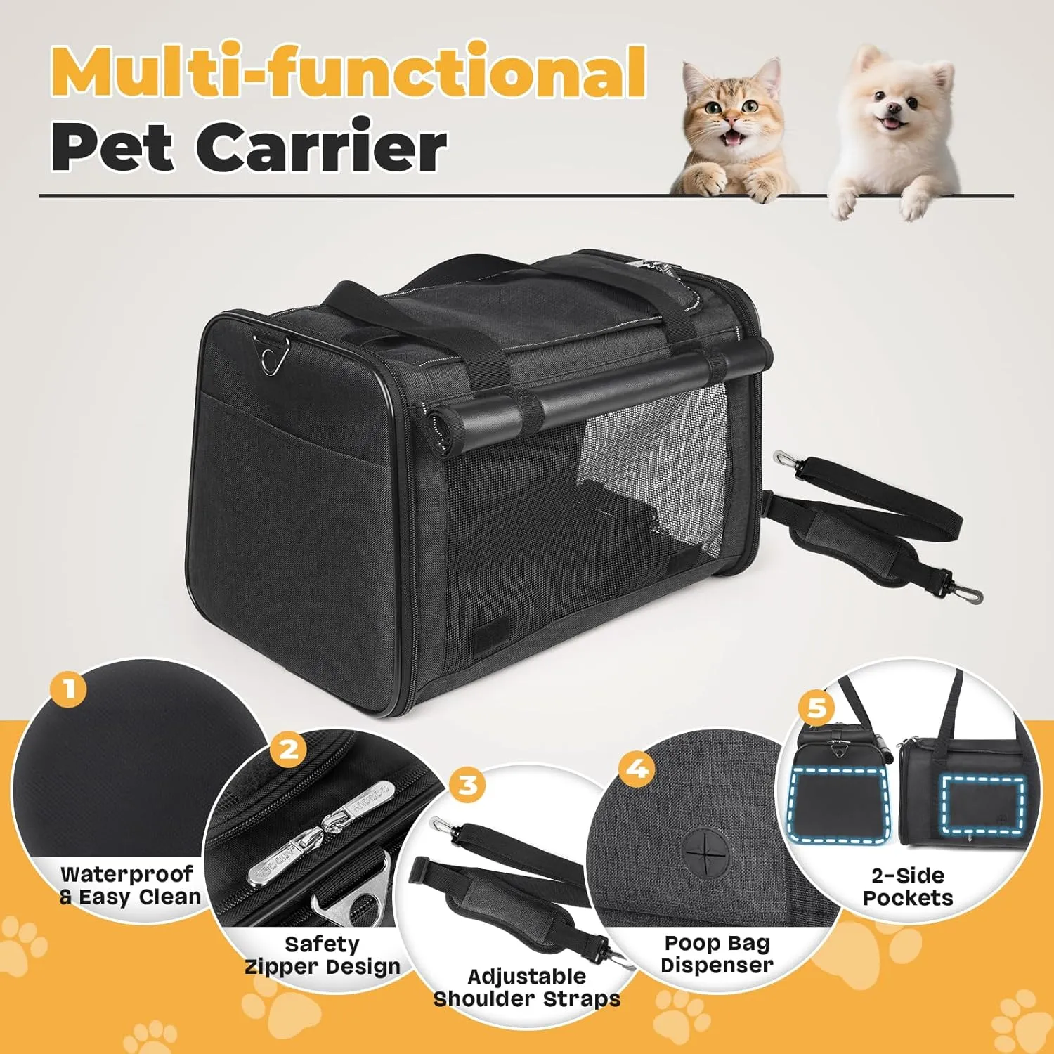 YUDODO 25 lbs Lightproof Soft Sided Large Cat Carrier for Small Pet Dog Airline Approved Travel Bag Puppy Carriers with Side Pockets & Reflective Mesh, Foldable Portable for Outdoor Car Black