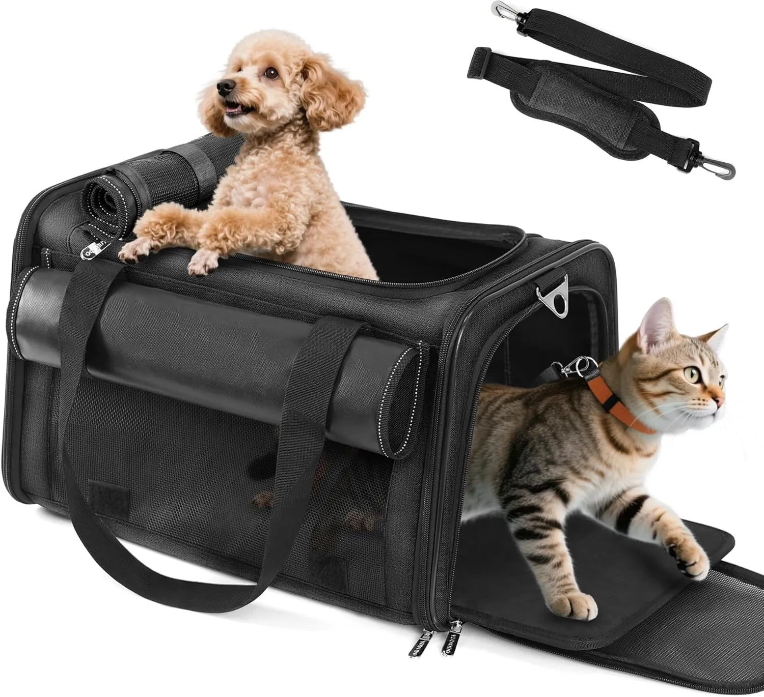 YUDODO 25 lbs Lightproof Soft Sided Large Cat Carrier for Small Pet Dog Airline Approved Travel Bag Puppy Carriers with Side Pockets & Reflective Mesh, Foldable Portable for Outdoor Car Black