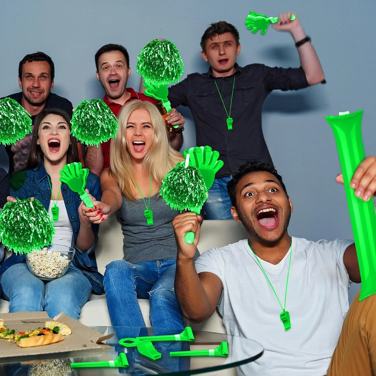 Yunsailing 96 Pcs Noisemakers Team Spirit Accessories for 4th of July Include Hand Clappers Cheerleading Pom Pom Thunder Stick Cheer party blower Plastic Whistle for Spirit Week Sport(Green)