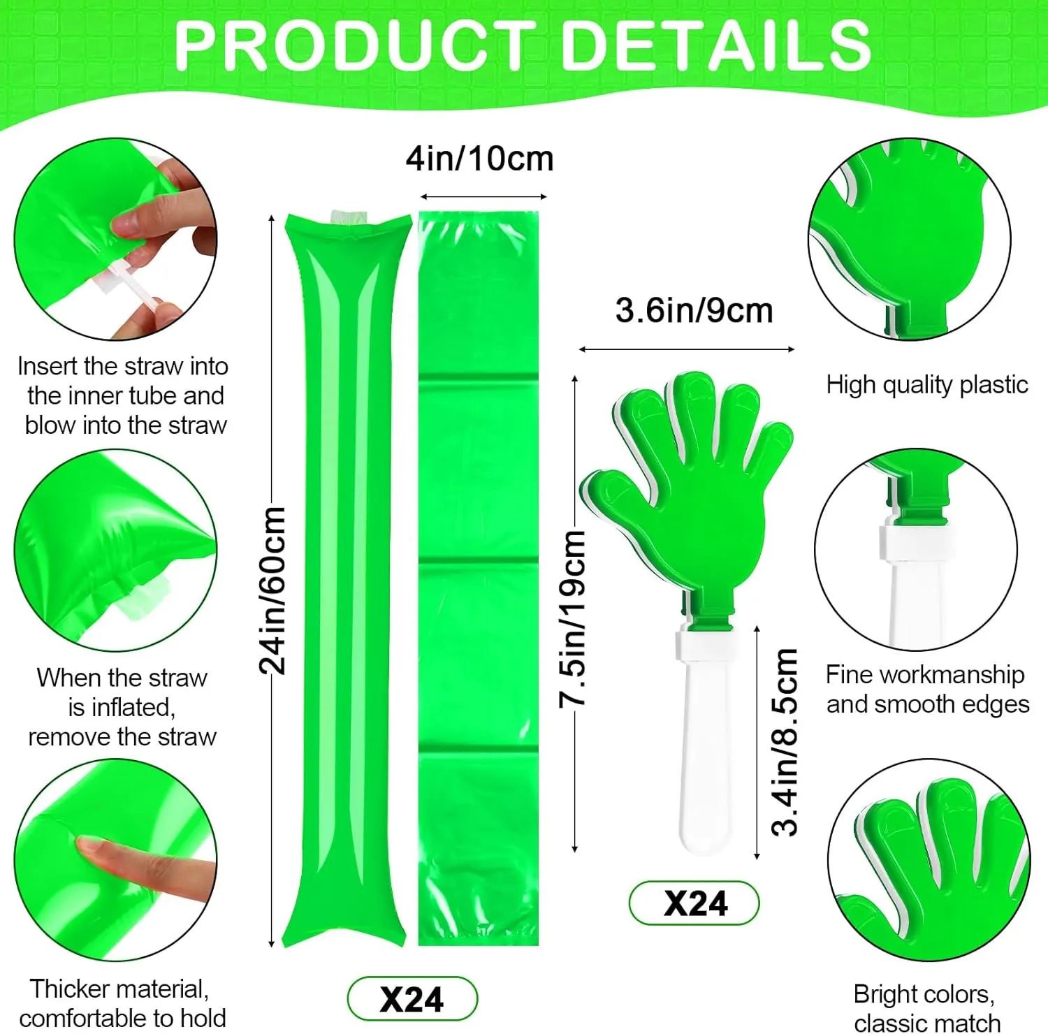 Yunsailing 96 Pcs Noisemakers Team Spirit Accessories for 4th of July Include Hand Clappers Cheerleading Pom Pom Thunder Stick Cheer party blower Plastic Whistle for Spirit Week Sport(Green)
