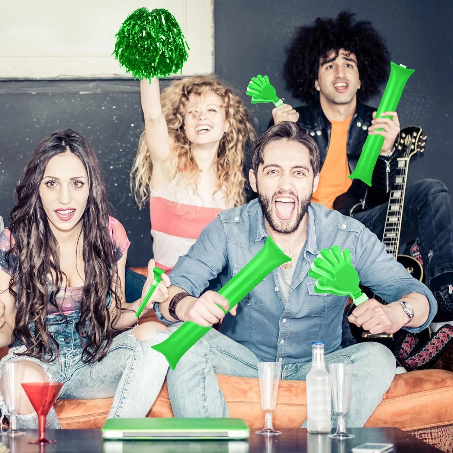 Yunsailing 96 Pcs Noisemakers Team Spirit Accessories for 4th of July Include Hand Clappers Cheerleading Pom Pom Thunder Stick Cheer party blower Plastic Whistle for Spirit Week Sport(Green)