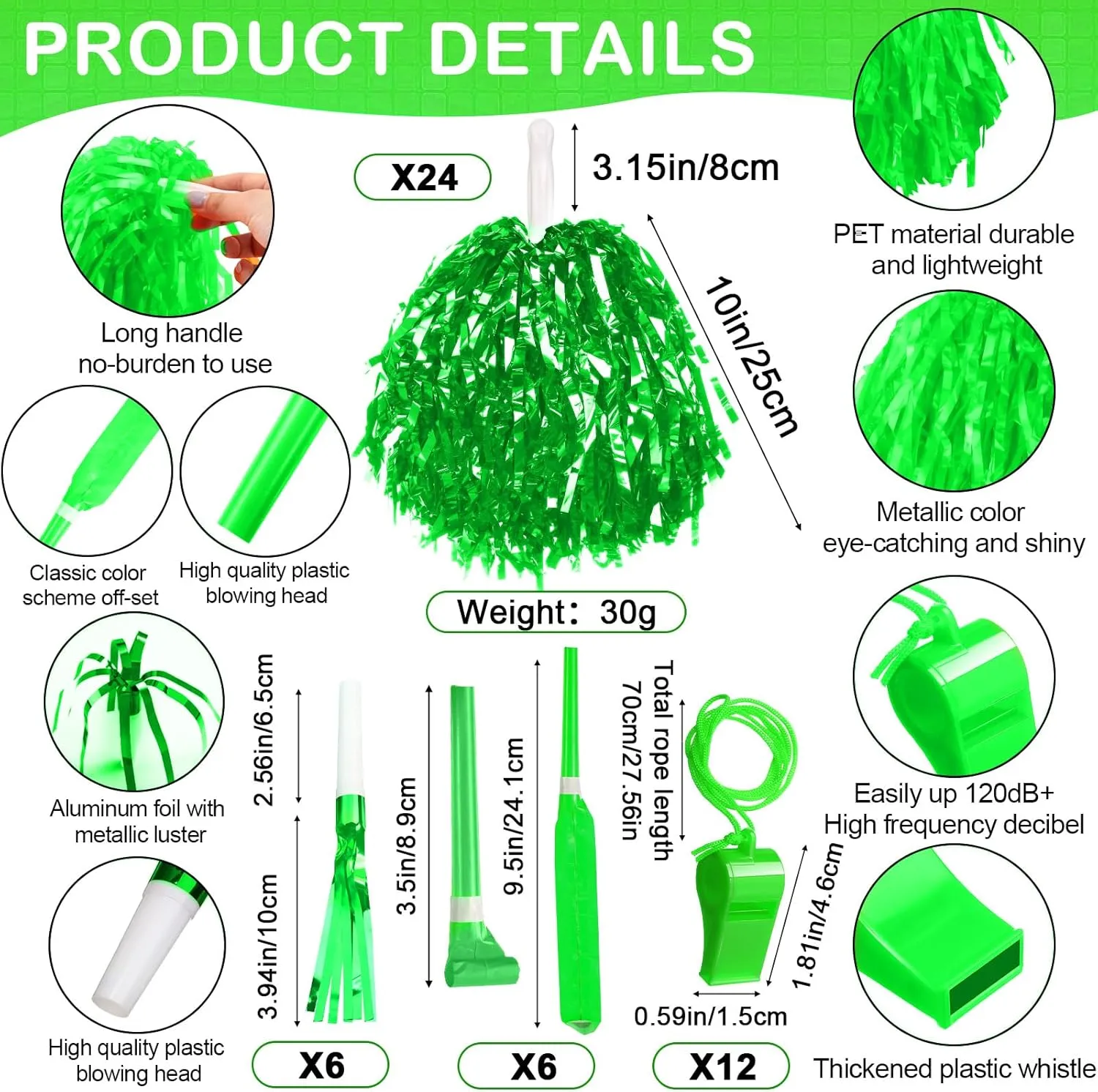 Yunsailing 96 Pcs Noisemakers Team Spirit Accessories for 4th of July Include Hand Clappers Cheerleading Pom Pom Thunder Stick Cheer party blower Plastic Whistle for Spirit Week Sport(Green)