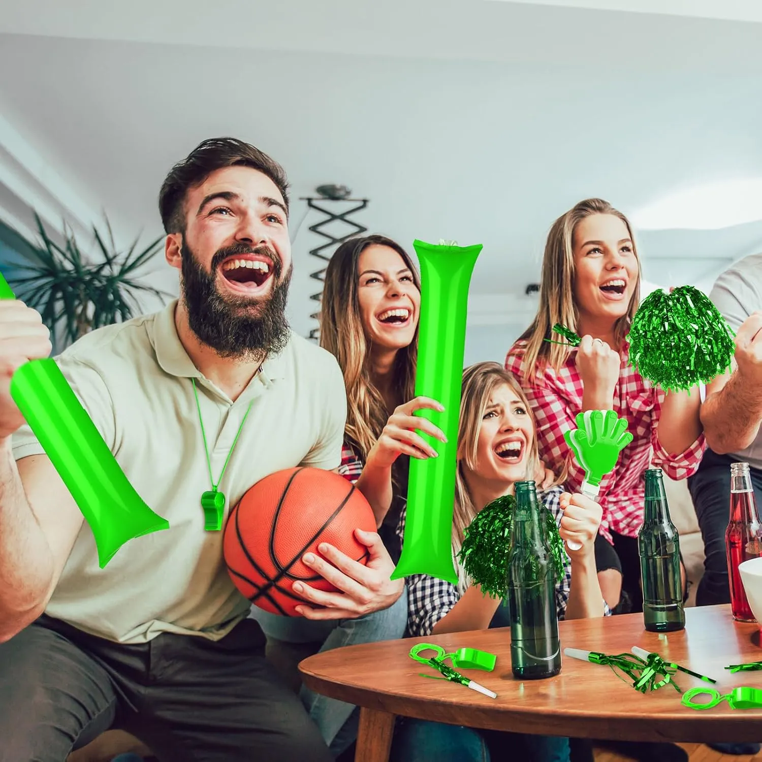 Yunsailing 96 Pcs Noisemakers Team Spirit Accessories for 4th of July Include Hand Clappers Cheerleading Pom Pom Thunder Stick Cheer party blower Plastic Whistle for Spirit Week Sport(Green)