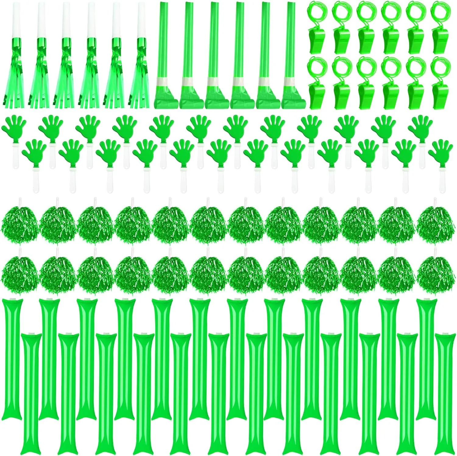 Yunsailing 96 Pcs Noisemakers Team Spirit Accessories for 4th of July Include Hand Clappers Cheerleading Pom Pom Thunder Stick Cheer party blower Plastic Whistle for Spirit Week Sport(Green)