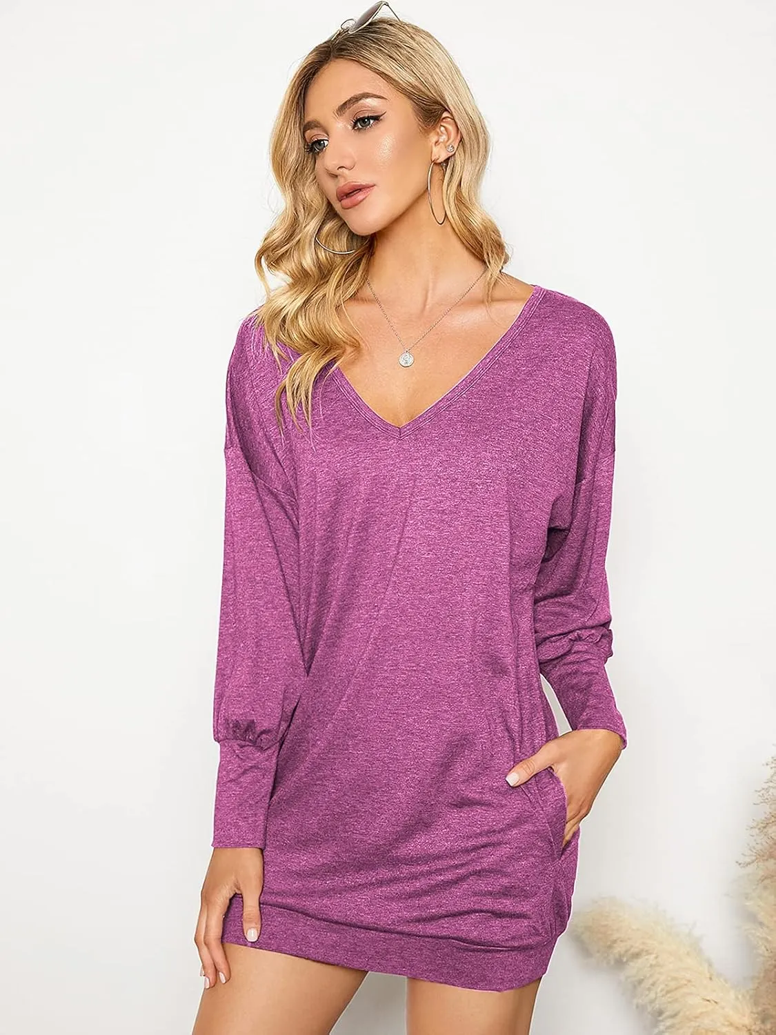 ZANZEA Women's V Neck Long Sleeve Casual Oversized Baggy Tops Loose Blouses Pullover Tunic Sweater Sweartshirt Dress