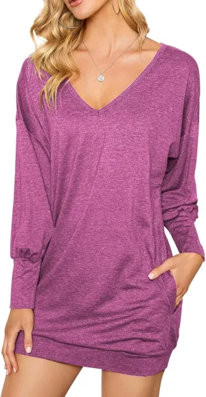 ZANZEA Women's V Neck Long Sleeve Casual Oversized Baggy Tops Loose Blouses Pullover Tunic Sweater Sweartshirt Dress