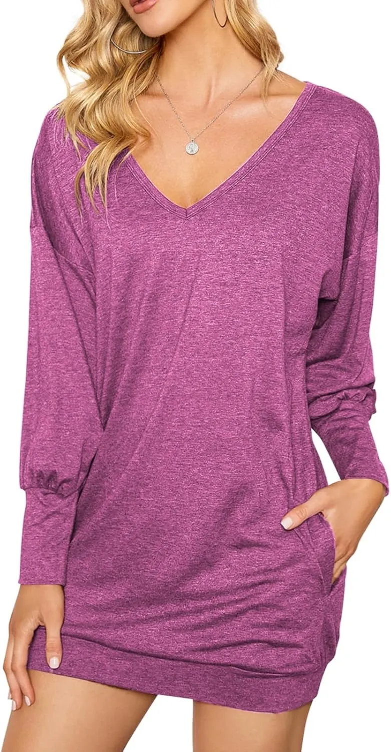 ZANZEA Women's V Neck Long Sleeve Casual Oversized Baggy Tops Loose Blouses Pullover Tunic Sweater Sweartshirt Dress
