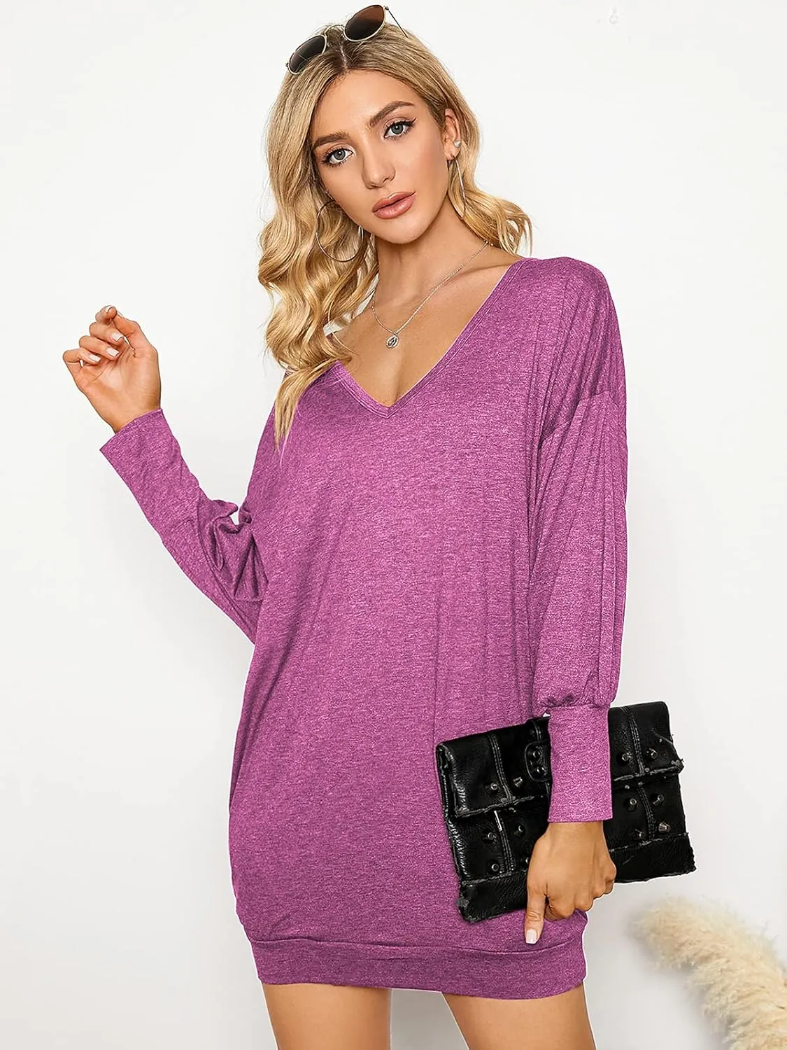 ZANZEA Women's V Neck Long Sleeve Casual Oversized Baggy Tops Loose Blouses Pullover Tunic Sweater Sweartshirt Dress
