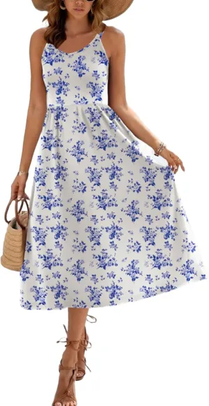 Zeagoo Womens Summer Dress Casual Flutter Boho Floral V Neck Flowy Midi A-Line Beach Vacation Sundresses with Pockets