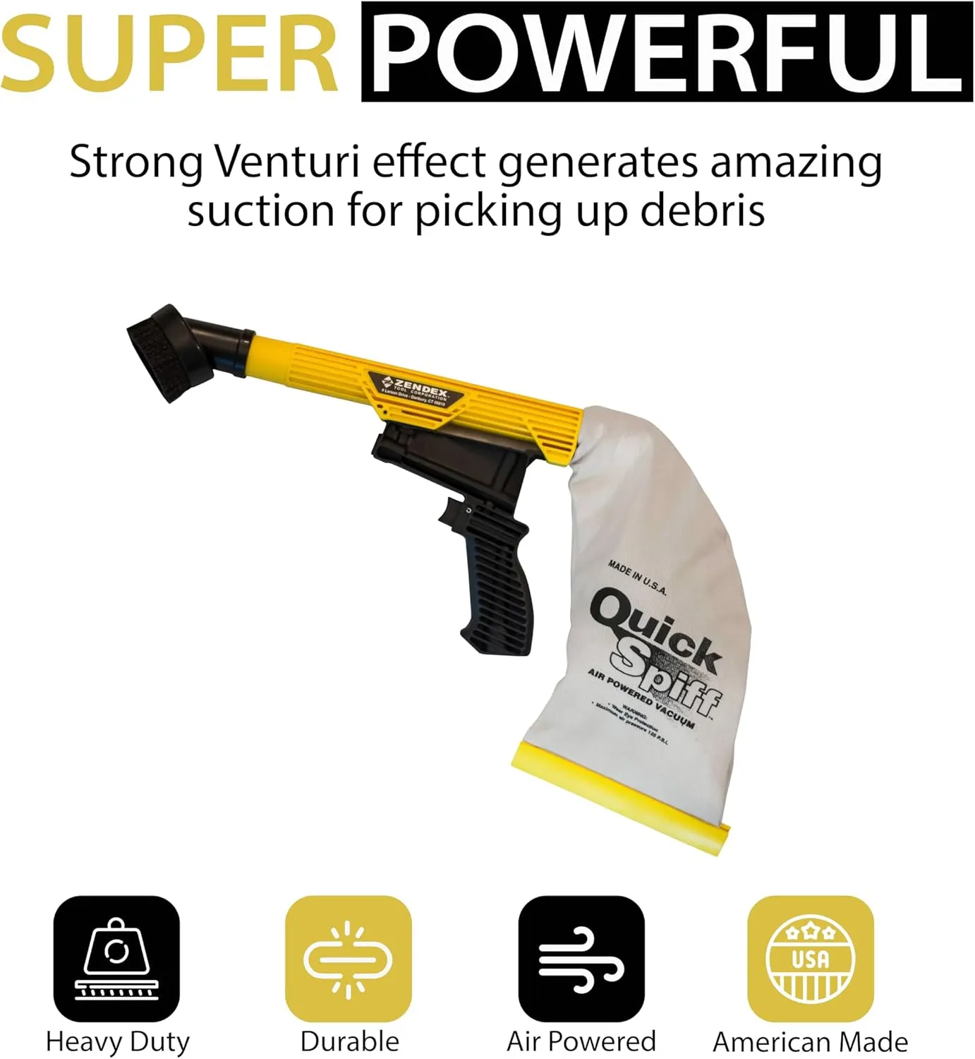 Zendex Tool - QuickSpiff Venturi Air Vacuum with Easy Empty Dust Bag - No Electricity Pneumatic Vacuum with Powerful Suction for Industrial and Personal Use - Yellow