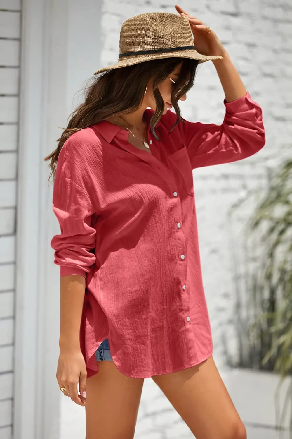 Zhaovi's Women's White Button Down Shirts Summer Beach Cover Up Long Sleeve Blouses Tunic Bikini Swimsuit
