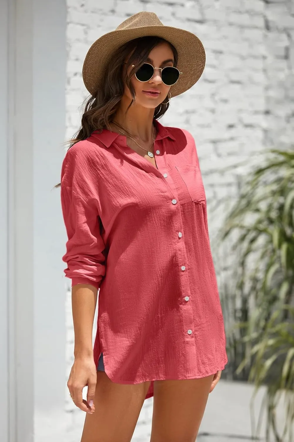 Zhaovi's Women's White Button Down Shirts Summer Beach Cover Up Long Sleeve Blouses Tunic Bikini Swimsuit