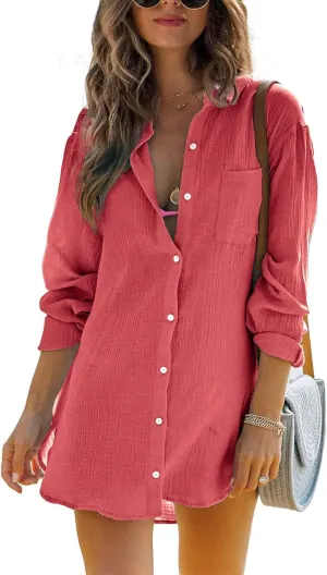 Zhaovi's Women's White Button Down Shirts Summer Beach Cover Up Long Sleeve Blouses Tunic Bikini Swimsuit